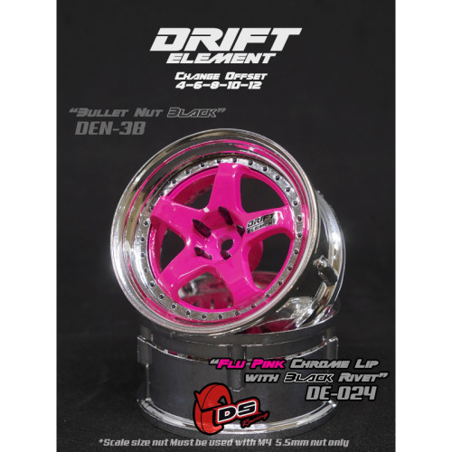 5-Spoke Drift Element Wheels Chrome/Fluo Pink - Black Rivets (2Pcs)