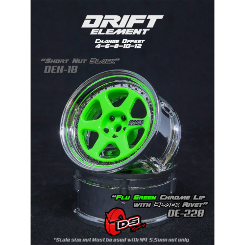6-Spoke Drift Element Wheels Fluo Green/Chrome - Black Rivets (2Pcs)