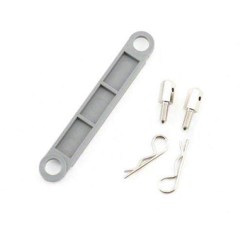 Battery hold-down plate (grey) / metal posts / body clips Battery hold-down plate (grey) / metal posts / body clips